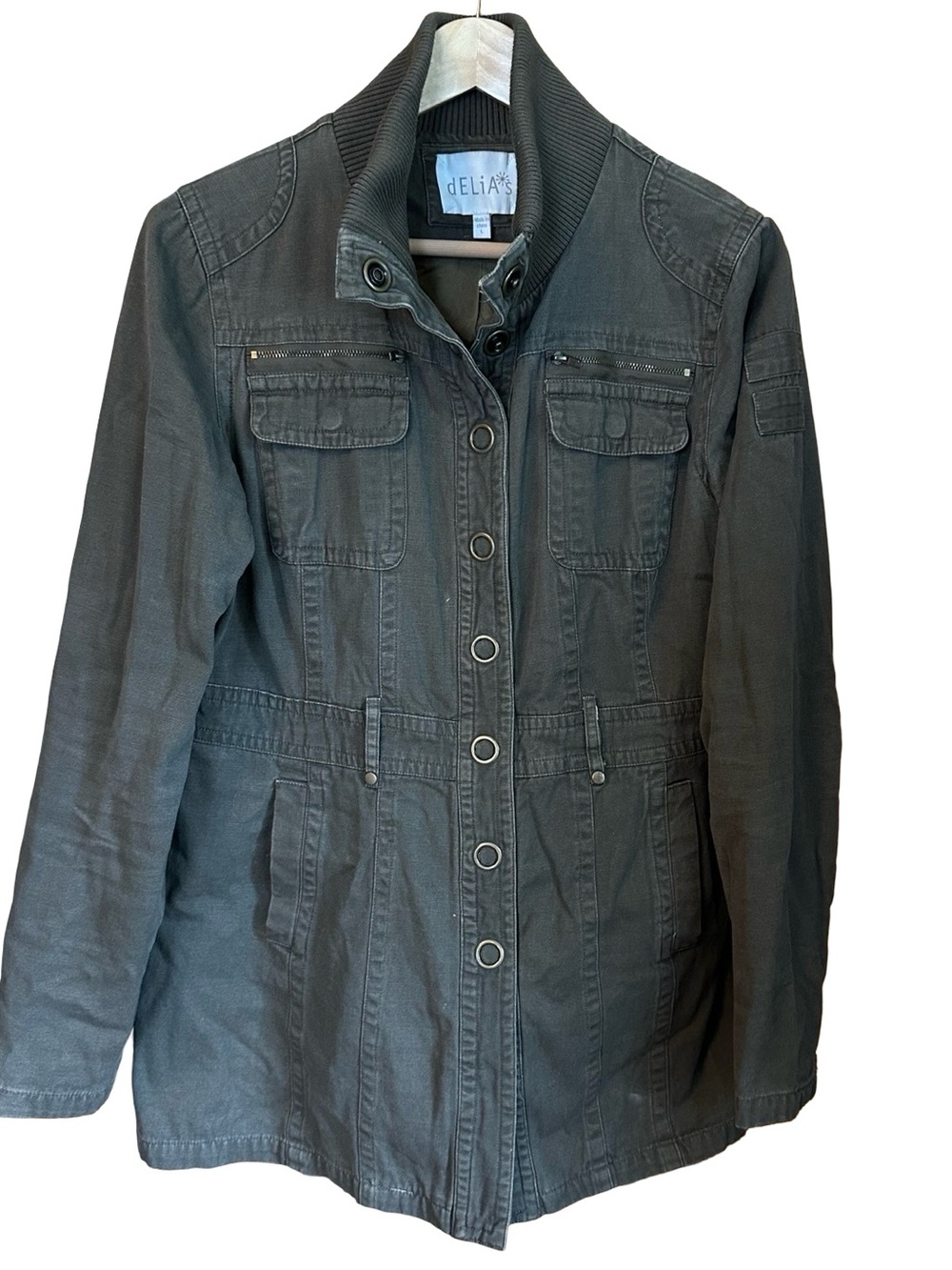 Delia’s Vintage Y2K Army Green Funnel Neck Utility Jacket 100% Cotton Sz L